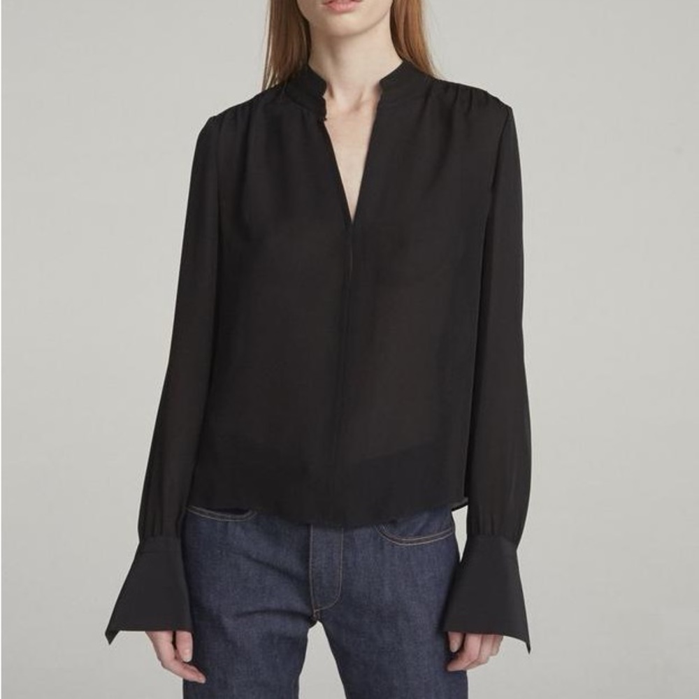 Rag & Bone Blue Sheer 100% Silk Long-sleeve Flowy V-Neck Jocelyn Blouse